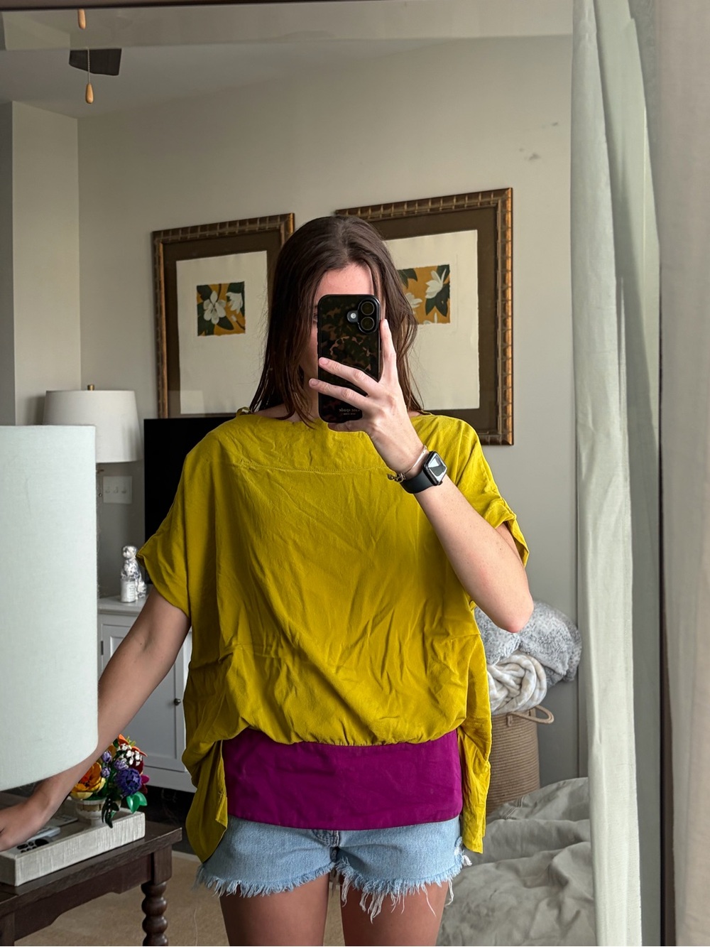 Diane Von Furstenberg Boxy Short-Sleeve Top in Mustard Yellow with Magenta Layer